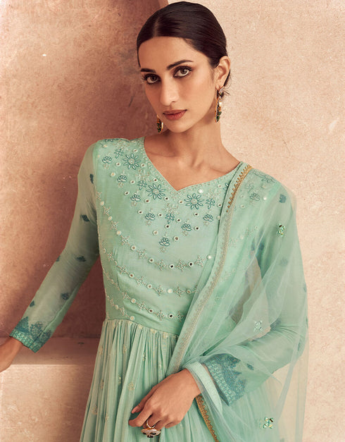 Mint Green Anarkali style Salwar Suit Semi-Stitched Suits Salwar Kameez in Embroidery, Foil Mirror & Lace Work Closure View