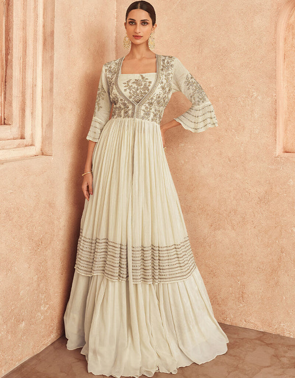 White Anarkali style Salwar Suit Semi-Stitched Suits Salwar Kameez in Embroidery, HandWork & Lace Work