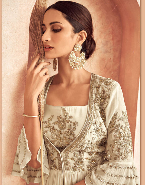 White Anarkali style Salwar Suit Semi-Stitched Suits Salwar Kameez in Embroidery, HandWork & Lace Work Closure View