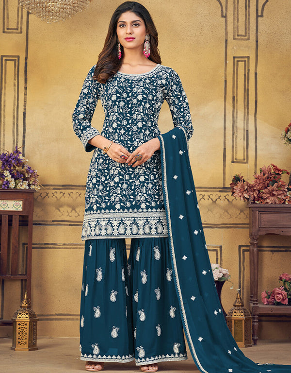 Teal Palazzo style Salwar Suit Designer Salwar Suit Salwar Kameez in Embroidery, Sequins & Lace Work