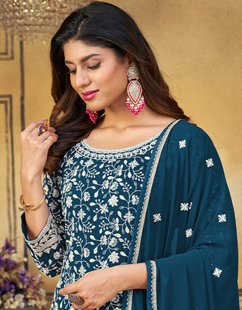 Teal Palazzo style Salwar Suit Designer Salwar Suit Salwar Kameez in Embroidery, Sequins & Lace Work Closure View