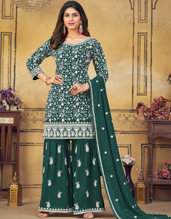 Green Palazzo style Salwar Suit Designer Salwar Suit Salwar Kameez in Embroidery, Sequins & Lace Work