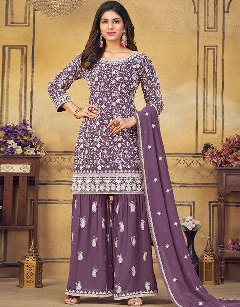 Dusty Purple Palazzo style Salwar Suit Designer Salwar Suit Salwar Kameez in Embroidery, Sequins & Lace Work