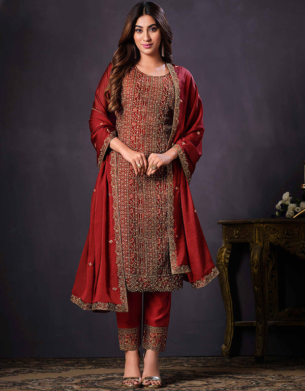 Cornell Red 2 Tone Catonic Georgette Pant Straight