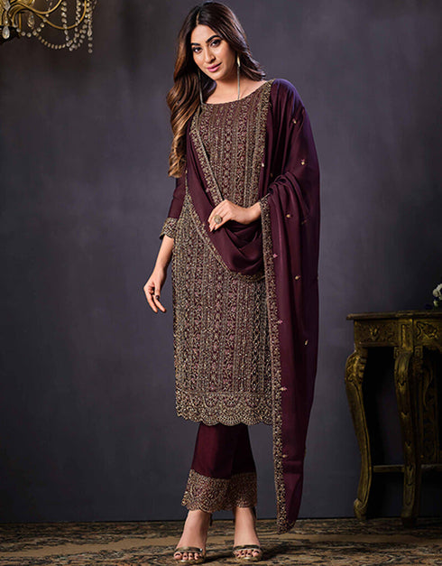 Wine Berry 2 Tone Catonic Georgette Pant Straight