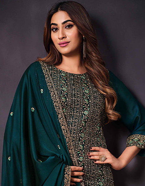 Bottle Green 2 Tone Catonic Georgette Pant Straight Closure View