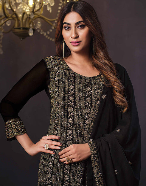 Black 2 Tone Catonic Georgette Pant Straight Closure View