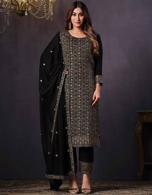 Black 2 Tone Catonic Georgette Pant Straight Back View