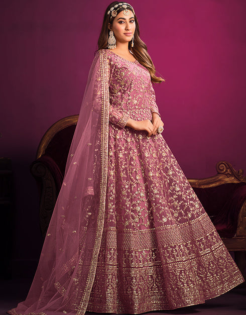 Tulip Pink Net Pant Anarkali Closure View