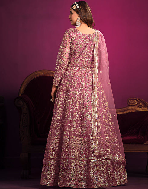 Tulip Pink Net Pant Anarkali Back View