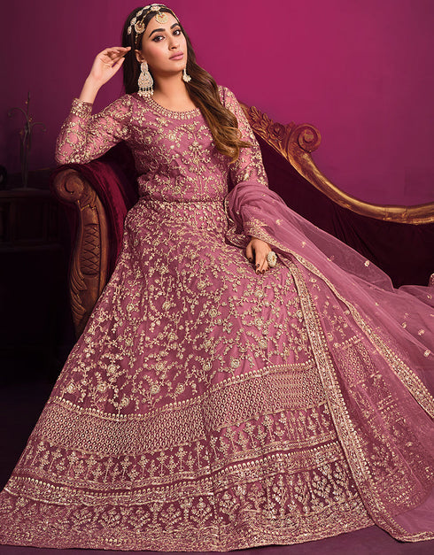Tulip Pink Net Pant Anarkali Salwar Kameez