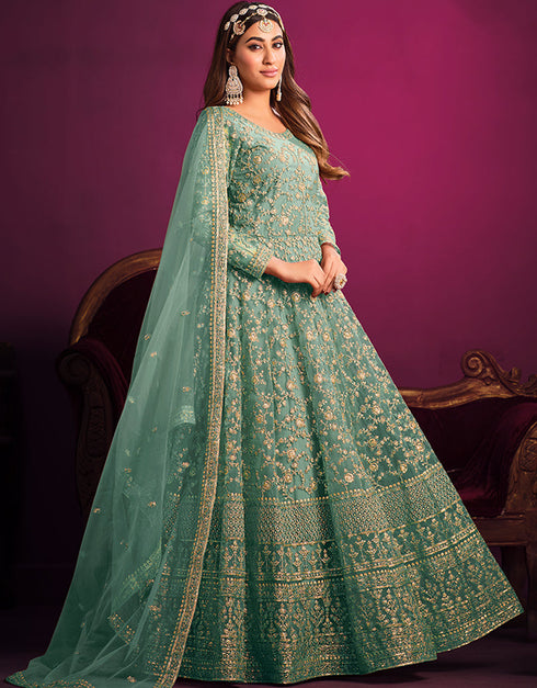 Summer Green Net Pant Anarkali Closure View