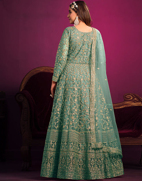 Summer Green Net Pant Anarkali Back View