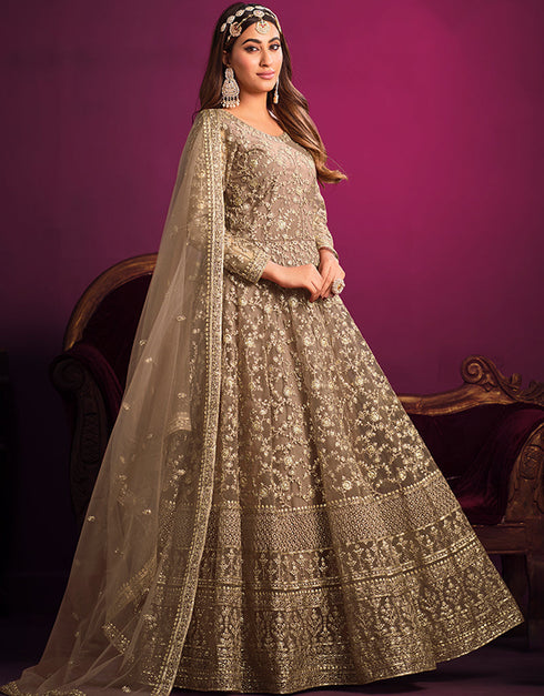Light Taupe Net Pant Anarkali Closure View