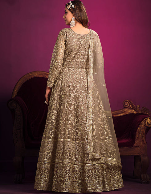 Light Taupe Net Pant Anarkali Back View