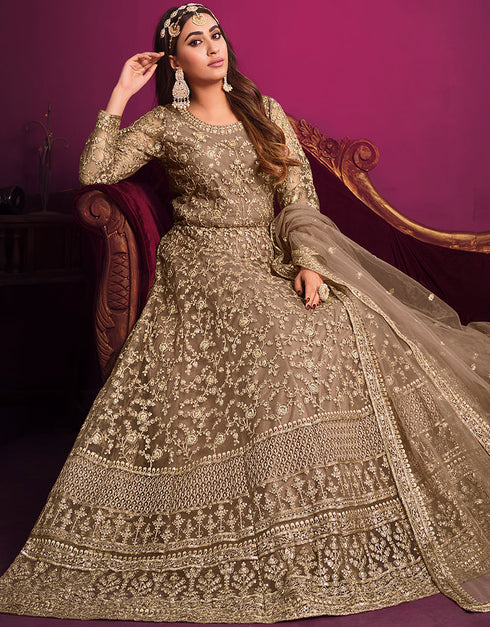 Light Taupe Net Pant Anarkali Salwar Kameez