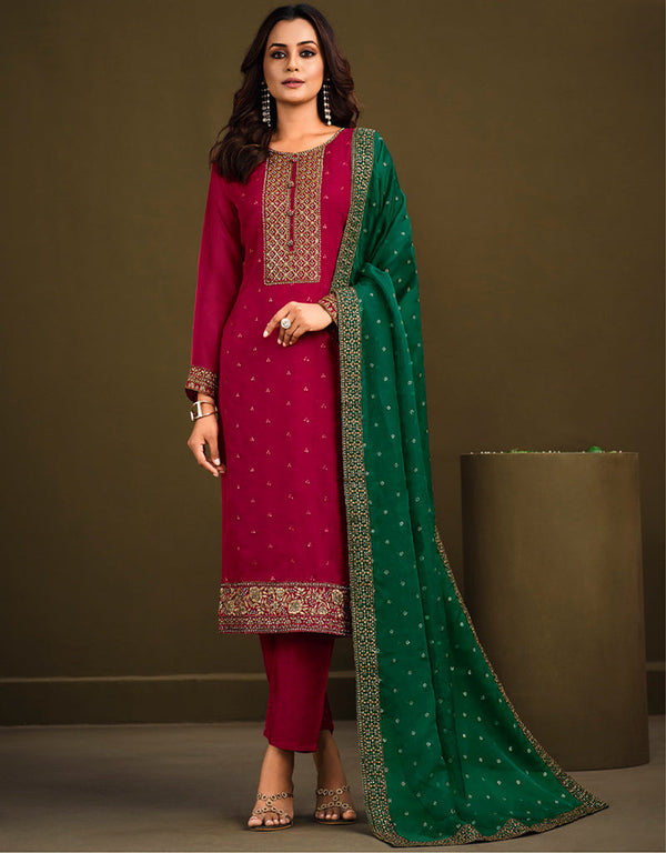 Heavy Designer Wedding Wear Salwar Suit Red Wine Soft Organza Pant Straight Front View