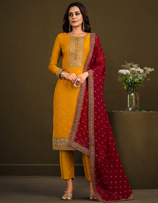 Heavy Designer Wedding Wear Salwar Suit Pirate Gold Soft Organza Pant Straight Front View