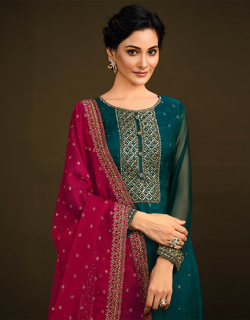 Heavy Designer Wedding Wear Salwar Suit Sherpa Blue Soft Organza Pant Straight Close-up View