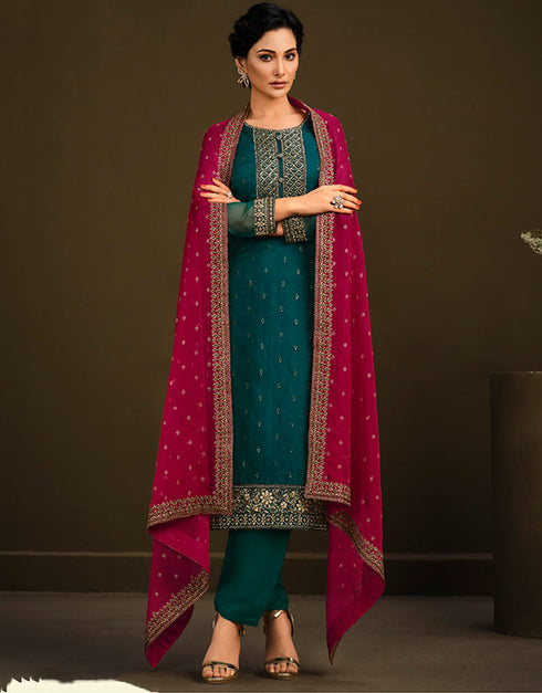 Heavy Designer Wedding Wear Salwar Suit Sherpa Blue Soft Organza Pant Straight Front View