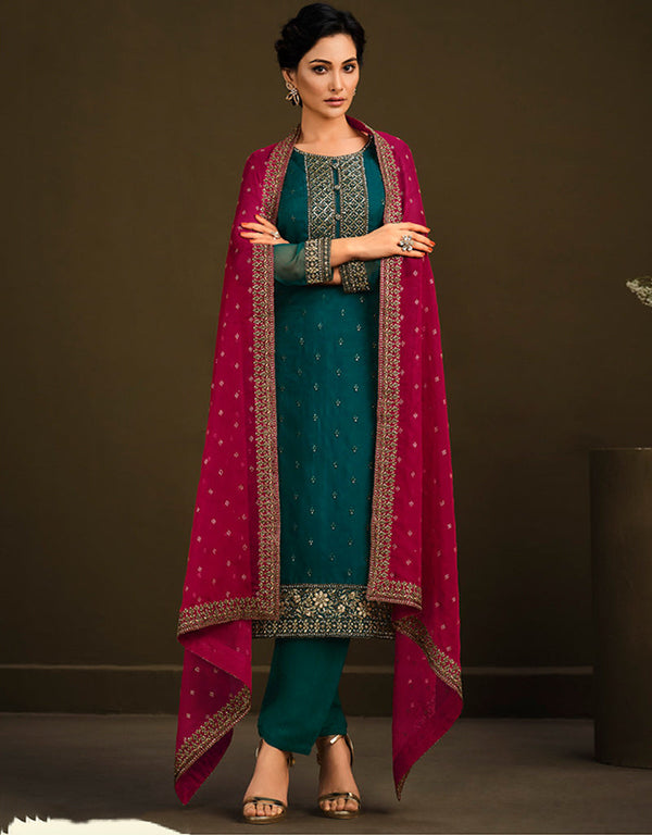 Heavy Designer Wedding Wear Salwar Suit Sherpa Blue Soft Organza Pant Straight Front View