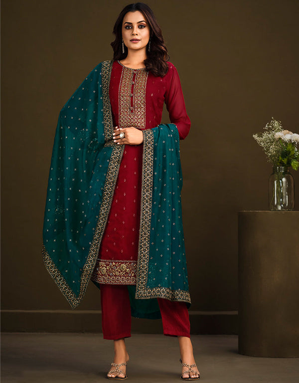 Heavy Designer Wedding Wear Salwar Suit Wine Red Soft Organza Pant Straight Front View