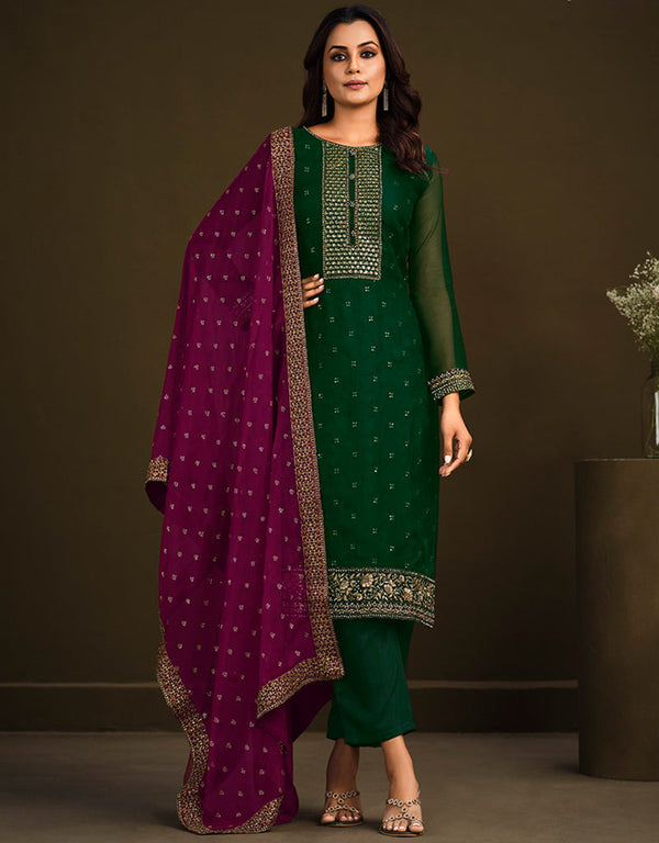 Heavy Designer Wedding Wear Salwar Suit County Green Soft Organza Pant Straight Front View