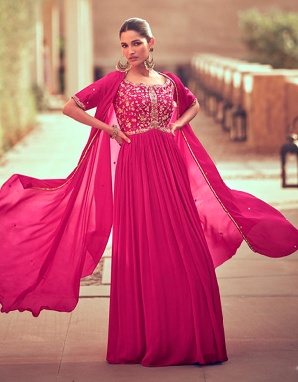 real gerogette trendy designer party wear gown gown with embroidery work and debian red dupatta ie-5400 Front View