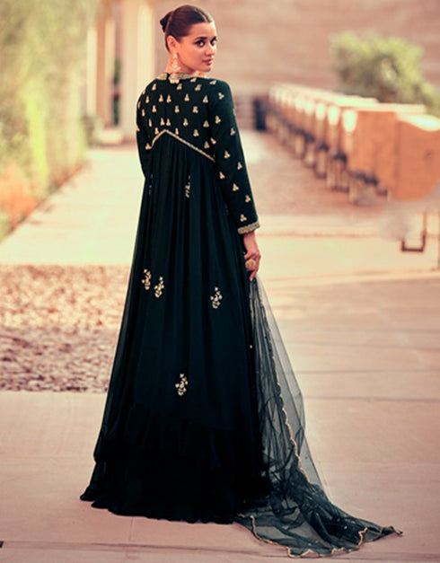 real gerogette trendy designer party wear gown gown with embroidery work and almost black dupatta ie-5401 Back View