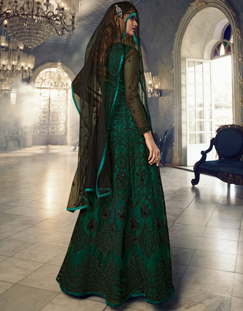 Green Anarkali style Anarkali Semi-Stitched Suits Salwar Kameez in Cording Embroidery, Sequins & Lace Work Closure View