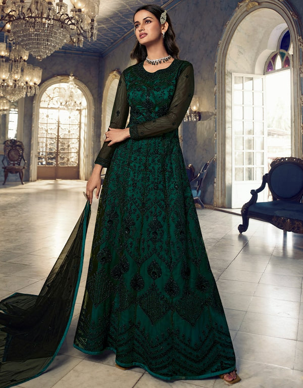 Green Anarkali style Anarkali Semi-Stitched Suits Salwar Kameez in Cording Embroidery, Sequins & Lace Work