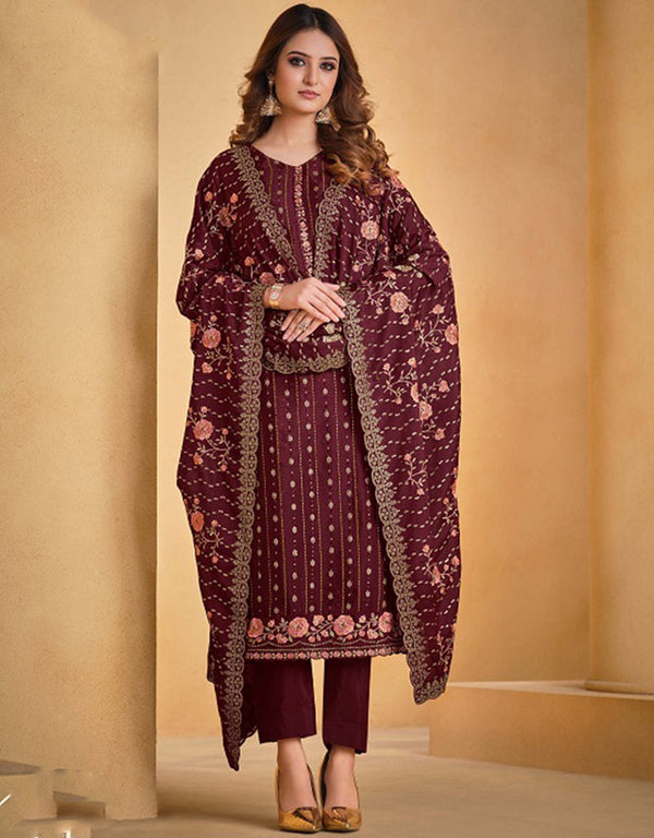 Heavy Designer Wedding Wear Salwar Suit Wine Berry Chinnon Pant Straight Front View