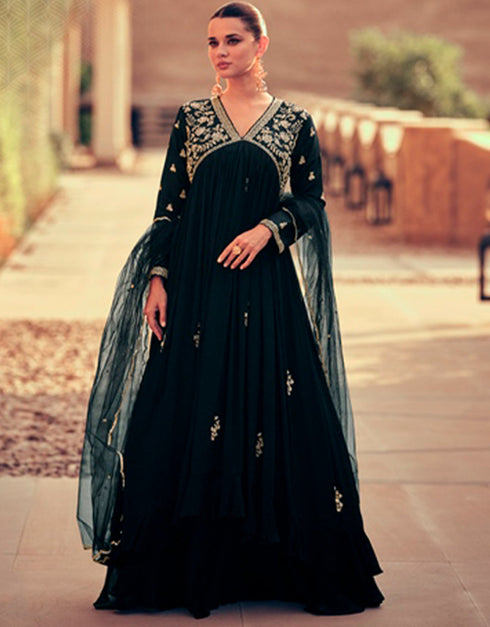 real gerogette trendy designer party wear gown gown with embroidery work and almost black dupatta ie-5401 Front View