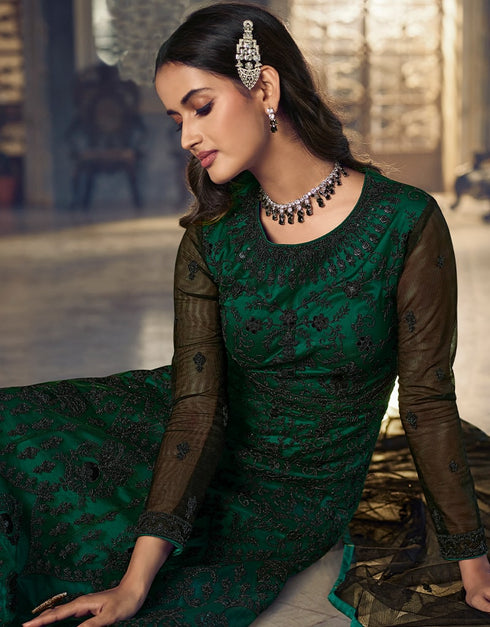 Green Anarkali style Anarkali Semi-Stitched Suits Salwar Kameez in Cording Embroidery, Sequins & Lace Work Closure View Embroidery