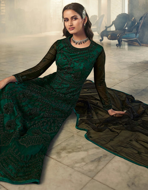 Green Anarkali style Anarkali Semi-Stitched Suits Salwar Kameez in Cording Embroidery, Sequins & Lace Work Closure View Embroidery Back side View