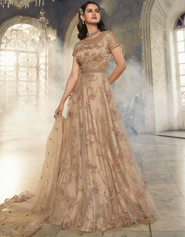 Beige Anarkali style Anarkali Semi-Stitched Suits Salwar Kameez in Cording Embroidery, Sequins & Lace Work
