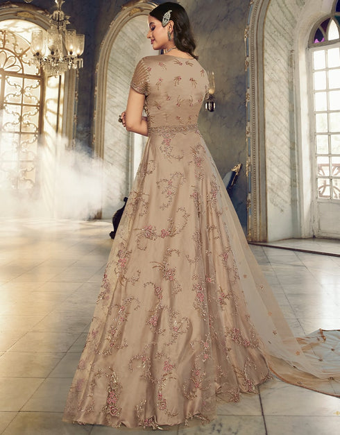 Beige Anarkali style Anarkali Semi-Stitched Suits Salwar Kameez in Cording Embroidery, Sequins & Lace Work Closure View