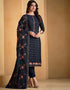 Heavy Designer Wedding Wear Salwar Suit Dark Blue Chinnon Pant Straight Close-up View