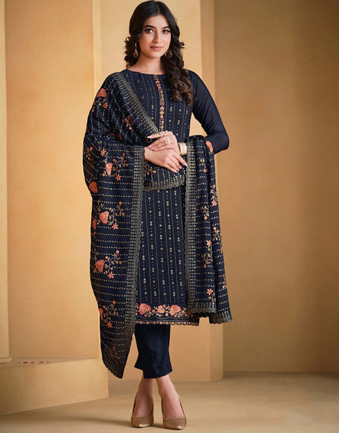 Heavy Designer Wedding Wear Salwar Suit Dark Blue Chinnon Pant Straight Front View