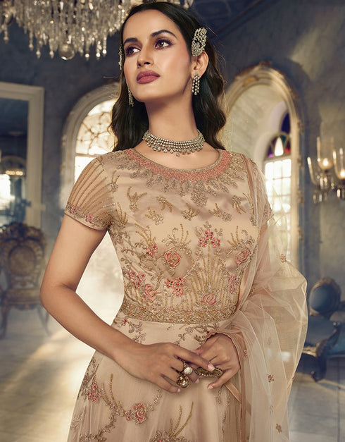 Beige Anarkali style Anarkali Semi-Stitched Suits Salwar Kameez in Cording Embroidery, Sequins & Lace Work Closure View Embroidery Back side View