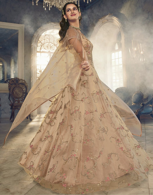 Beige Anarkali style Anarkali Semi-Stitched Suits Salwar Kameez in Cording Embroidery, Sequins & Lace Work Closure View Embroidery