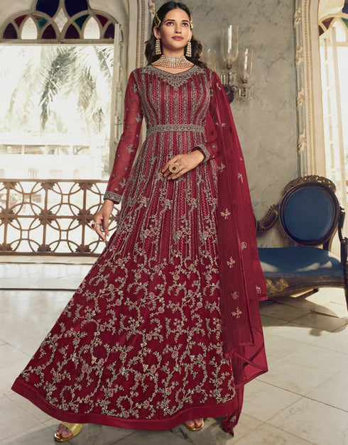 Maroon Anarkali style Anarkali Semi-Stitched Suits Salwar Kameez in Cording Embroidery, Sequins & Lace Work