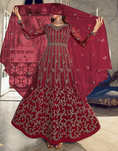 Maroon Anarkali style Anarkali Semi-Stitched Suits Salwar Kameez in Cording Embroidery, Sequins & Lace Work Closure View Embroidery