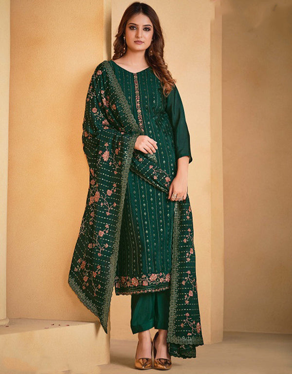 Heavy Designer Wedding Wear Salwar Suit Bottle Green Chinnon Pant Straight Front View