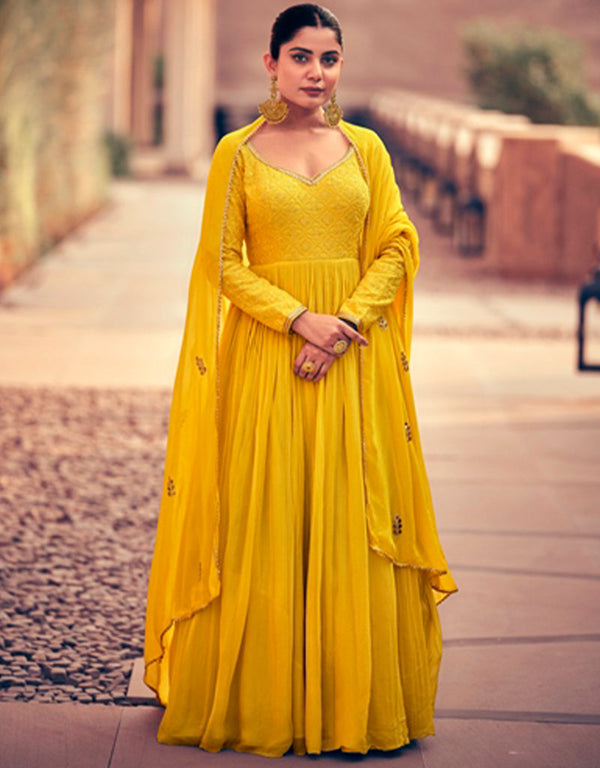 real gerogette trendy designer party wear gown gown with embroidery work and burnt yellow dupatta ie-5403 Front View
