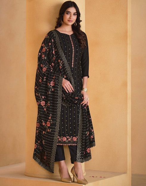 Heavy Designer Wedding Wear Salwar Suit Black Olive Chinnon Pant Straight Front View