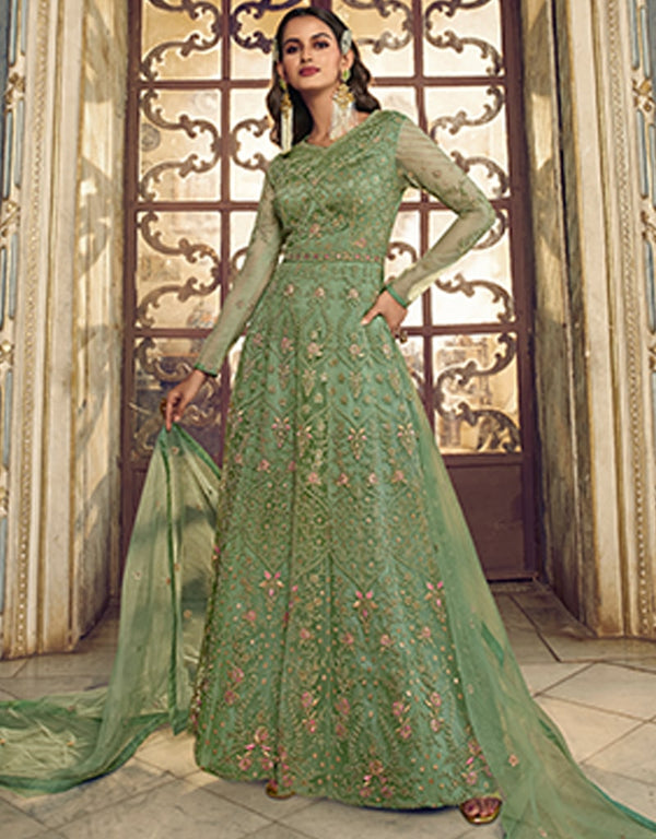 Light Green Anarkali style Anarkali Semi-Stitched Suits Salwar Kameez in Cording Embroidery, Sequins & Lace Work