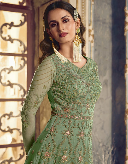 Light Green Anarkali style Anarkali Semi-Stitched Suits Salwar Kameez in Cording Embroidery, Sequins & Lace Work Closure View