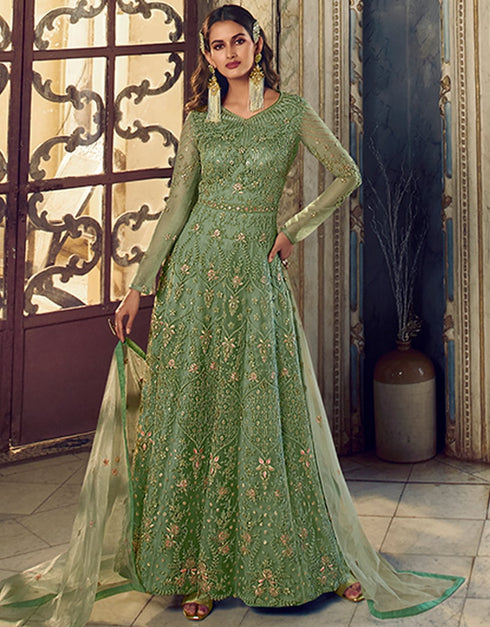 Light Green Anarkali style Anarkali Semi-Stitched Suits Salwar Kameez in Cording Embroidery, Sequins & Lace Work Closure View Embroidery