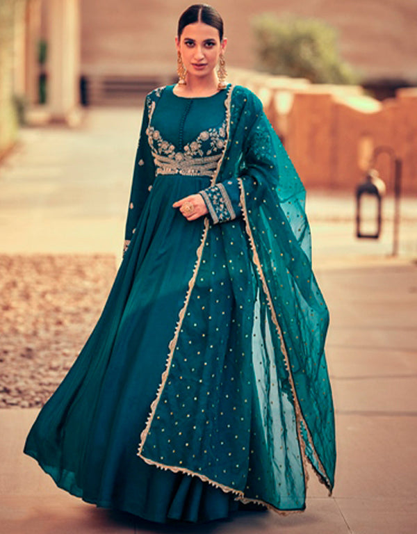 real gerogette trendy designer party wear gown gown with embroidery work and deep teal dupatta ie-5404 Front View